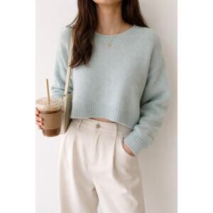 H&M Mohair Wool Blend Sweater Medium Cropped Fuzzy Knit Mint Blue